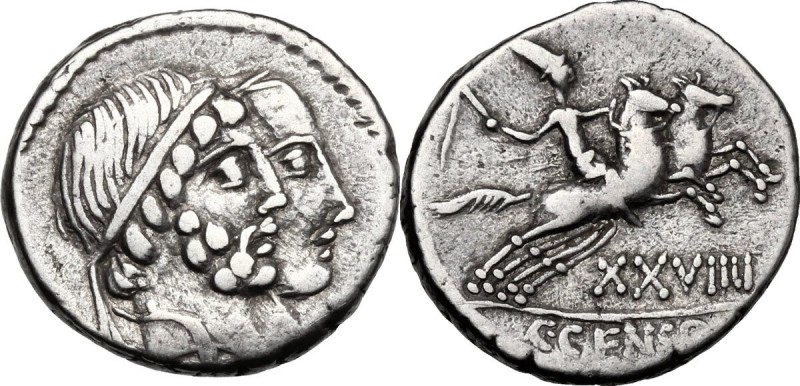 C. Censorinus. AR Denarius, 88 BC. D/ Jugate heads of Numa Pompilius and Ancus M...