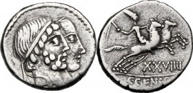 C. Censorinus. AR Denarius, 88 BC. D/ Jugate heads of Numa Pompilius and Ancus Marcius right. R/ Desultor right, wearing conical cap and holding whip;...