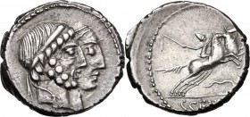 C. Censorinus. AR Denarius, 88 BC. D/ Jugate heads of Numa Pompilius and Ancus Marcius. R/ Desultor right, wearing conical cap and holding whip; below...