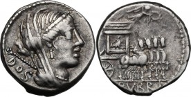 L. Rubrius Dossenus. AR Denarius, 87 BC. D/ Veiled and diademed head of Juno right, with sceptre on left shoulder; behind DOS. R/ Triumphal chariot wi...