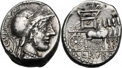 L. Rubrius Dossenus. AR Denarius, 87 BC. D/ Helmeted bust of Minerva right, wearing aegis; behind, DOS. R/ Triumphal chariot with side panel decorated...