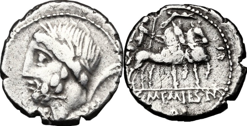 L. and C. Memmius L.f. Galeria. AR Denarius, 87 BC. D/ Laureate head of Saturn r...