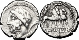 L. and C. Memmius L.f. Galeria. AR Denarius, 87 BC. D/ Laureate head of Saturn right; behind, harpa; below, EX S.C.; below chin,uncertain control-mark...