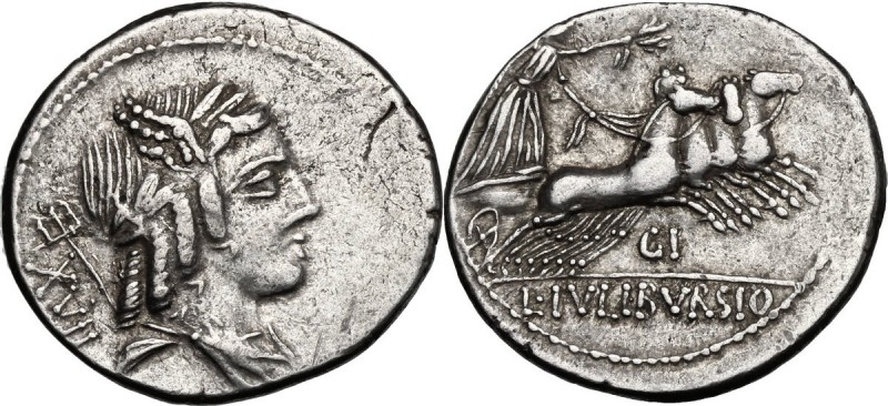 L. Julius Bursio. AR Denarius, 85 BC. D/ Male head right, with the attributes of...