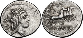 L. Julius Bursio. AR Denarius, 85 BC. D/ Male head right, with the attributes of Apollo, Mercury and Neptune; behind, XVII. R/ Victory in quadriga rig...