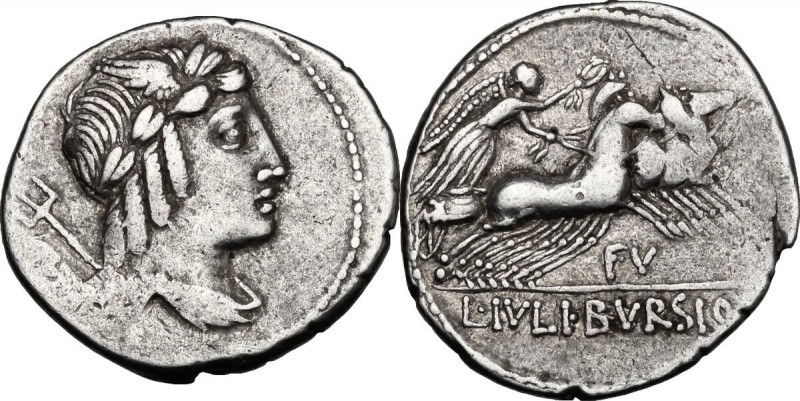 L. Julius Bursio. AR Denarius, 85 BC. D/ Male head right, with the attributes of...