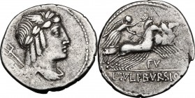 L. Julius Bursio. AR Denarius, 85 BC. D/ Male head right, with the attributes of Apollo, Mercury and Neptune; behind, illegible symbol. R/ Victory in ...