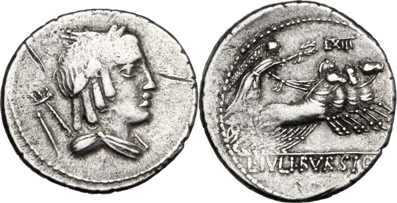 L. Julius Bursio. AR Denarius, 85 BC. D/ Male head right, with the attributes of...