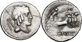 L. Julius Bursio. AR Denarius, 85 BC. D/ Male head right, with the attributes of Apollo, Mercury and Neptune; behind, sceptre. R/ Victory in quadriga ...