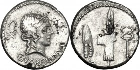 C. Norbanus. Fourrée Denarius, 83 BC. D/ Diademed head of Venus right; behind, CXX; below, C. NORBANVS. R/ Ear of corn, fasces with axe and caduceus. ...