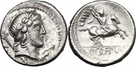 Pub. Crepusius. AR Denarius, 82 BC. D/ Laureate head of Apollo right, sceptre over shoulder; behind, C; below chin, leaf. R/ Horseman galloping right,...