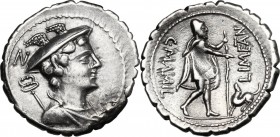 C. Mamilius Limetanus. AR Denarius serratus, 82 BC. D/ Draped bust of Mercury right, wearing winged petasus; caduceus over left shoulder; above, N. R/...