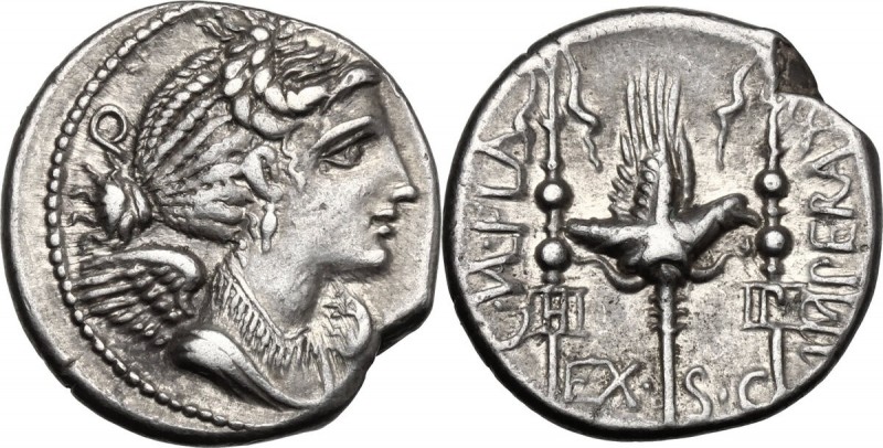 C. Valerius Flaccus. AR Denarius, 82 BC. D/ Draped bust of Victory right; behind...