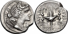 C. Valerius Flaccus. AR Denarius, 82 BC. D/ Draped bust of Victory right; behind, Q. R/ C. VAL. FLA. IMPERAT. Legionary eagle between two standards in...