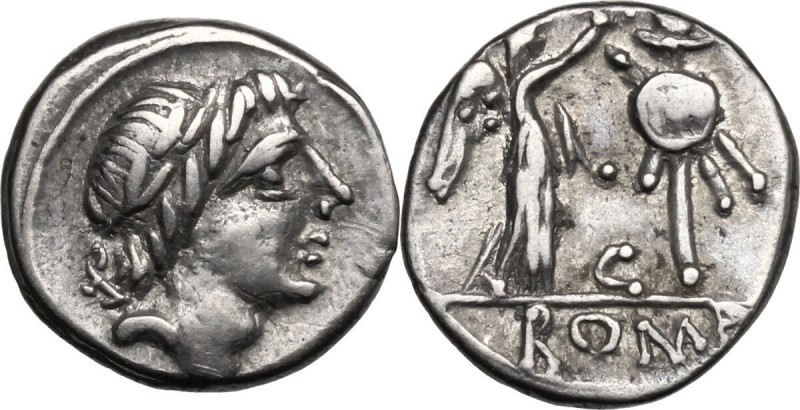 Anonymous. AR Quinarius, 81 BC. D/ Laureate head of Apollo right. R/ Victory rig...