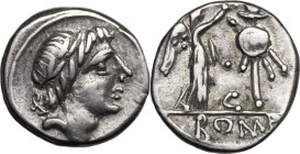 Anonymous. AR Quinarius, 81 BC. D/ Laureate head of Apollo right. R/ Victory right, crowning trophy; in field, C. Cr. 373/1b. AR. g. 1.86 mm. 13.00 Pl...