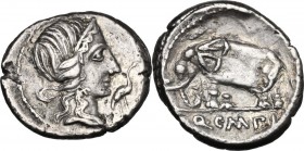 Q. Caecilius Metellus Pius. AR Denarius, 81 BC. D/ Diademed head of Pietas right; before, stork. R/ Elephant walking left; in exergue, Q.C.M.P.I. Cr. ...