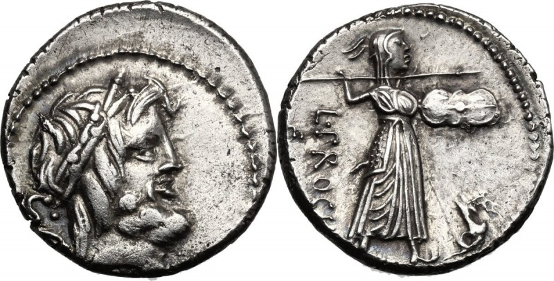 L. Procilius. AR Denarius, 80 BC. D/ Laureate head of Jupiter right; behind, S.C...