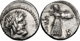 L. Procilius. AR Denarius, 80 BC. D/ Laureate head of Jupiter right; behind, S.C. R/ Juno Sospita standing right, holding shield and hurling spear; at...