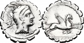 L. Papius. AR Denarius serratus, 79 BC. D/ Head of Juno Sospita right, wearing goat's skin; behind, butterfly. Bead-and-reel border. R/ Gryphon leapin...