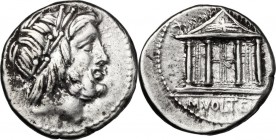 M. Volteius M.f. AR Denarius, 78 BC. D/ Laureate head of Jupiter right. R/ Temple of Jupiter Capitolinus; in exergue, M. VOLTEI. M. F. Cr. 385/1. B. 1...