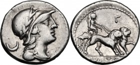M. Volteius M.f. AR Denarius, 78 BC. D/ Draped bust of Attis or young Corybas right, wearing laureate helmet; behind, crescent. R/ Cybele seated in ch...