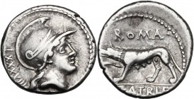 P. Satrienus. AR Denarius, 77 BC. D/ Helmeted head of Roma right; behind, numeral. R/ ROMA. She-wolf left, right forepaw raised; in exergue, P. SATRIE...