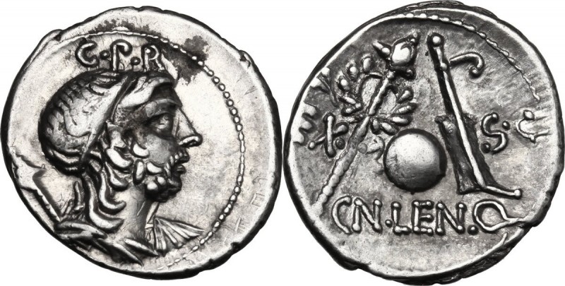 Cn. Lentulus. AR Denarius, 76-75 BC. D/ Diademed and draped bust of the Genius o...