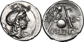 Cn. Lentulus. AR Denarius, 76-75 BC. D/ Diademed and draped bust of the Genius of the Roman People right, sceptre on shoulder; above, G.P.R. R/ EX-SC....