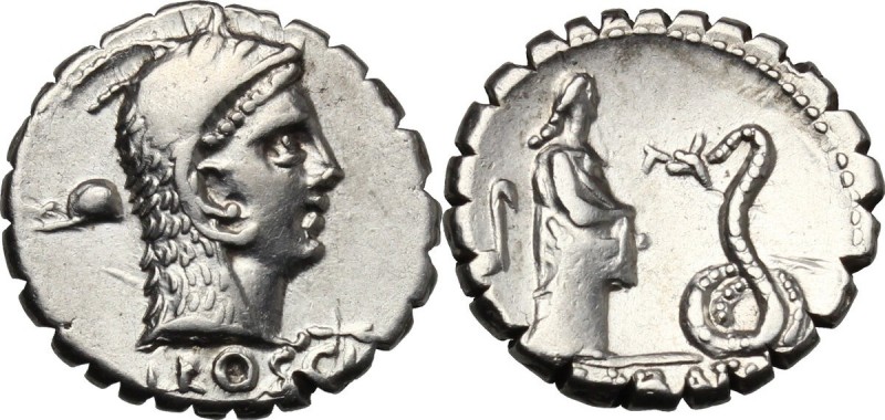 L. Roscius Fabatus. AR Denarius serratus, 64 BC. D/ Head of Juno Sospita right, ...