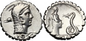 L. Roscius Fabatus. AR Denarius serratus, 64 BC. D/ Head of Juno Sospita right, wearing goat's skin; behind, uncertain symbol; below neck truncation, ...
