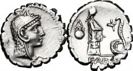 L. Roscius Fabatus. AR Denarius serratus, 64 BC. D/ Head of Juno Sospita right, wearing goat's skin; behind, water-bottle; below neck truncation, L RO...