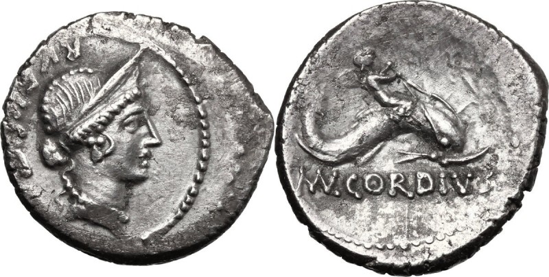 Mn. Cordius Rufus. AR Denarius, 46 BC. D/ Diademed head of Venus right; behind, ...