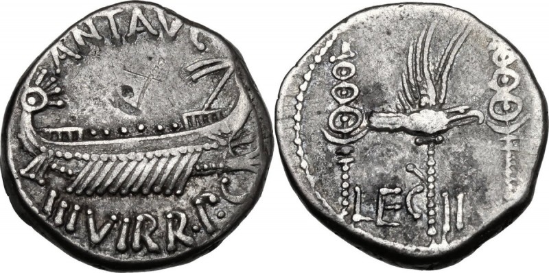 Mark Antony. AR Denarius, 32-31 BC. D/ ANT. AVG III VIR. R. P. C. Praetorian gal...