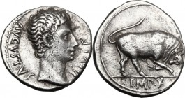 Augustus (27 BC-14 AD). AR Denarius, Lugdunum mint, 15 BC. D/ AVGVSTVS DIVI F. Bare head right. R/ Bull butting right; in exergue, IMP&bull;X. RIC 167...