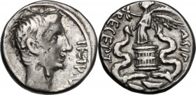 Augustus (27 B.C - 14 AD). AR Quinarius, c. 29-27 BC. D/ [CAESAR] IMP VII. Bare head of Octavian right. R/ ASIA RECEPTA. Victory standing left on cist...