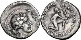 Augustus (27BC - 14AD). AR Denarius, P. Petronius Turpilianus moneyer, 18 BC. D/ TVRPIL[IANVS III] VIR. Head of Liber right, wearing wreath of ivy. R/...