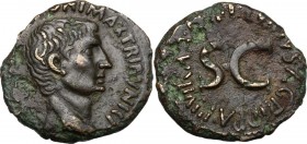 Augustus (27 BC - 14 AD). AE As. Lurius Agrippa moneyer, struck c. 7 BC. D/ [CAESAR AVGVST P]ONT MAX TRIBVNIC P. Bare head right. R/ P LVRIVS AGRIPPA ...