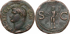 Agrippa (died 12 BC). AE As, struck under Gaius, 37-41. D/ M AGRIPPA L F COS III. Head left, wearing rostral crown. R/ SC across field. Neptune standi...
