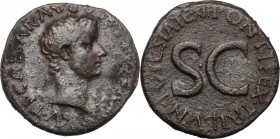 Tiberius as Caesar (4-14 AD). AE As, Rome mint. Struck under Augustus, 8-10 AD. D/ TI CAESAR AVGVST F IMPERATOR V. Bare head right. R/ PONTIFEX TRIBVN...