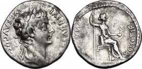 Tiberius (14-37 AD). AR Denarius, Tribute Penny type. Lugdunum mint, 18-35 AD. D/ TI CAESAR DIVI AVG F AVGVSTVS. Laureate head right. R/ PONTIF MAXIM....