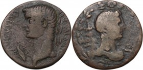 Tiberius (14-37 AD). AE 29 mm, Oea (Syrtica). Struck circa AD 22-29. D/ TI CAESAR AVGVSTVS. Bare head left; to left, eagle facing, head right, with wi...