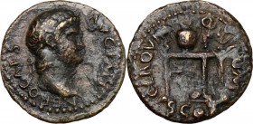Nero (54-68). AE Semis, 64 AD. D/ NERO CAES AVG IMP. Laureate head right. R/ CER QVINQ ROM CON SC. Table bearing urn and wreath; on front of left pane...