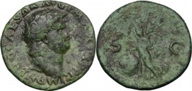 Nero (54-68). AE As, Lugdunum mint, 66 AD. D/ IMP NERO CAESAR AVG P MAX TR P P P. Bare head right. R/ SC. Victory advancing left, holding shield inscr...
