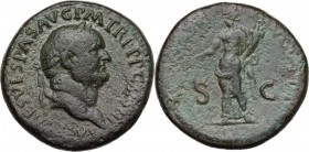Vespasian (69-79). AE Sestertius, Rome mint. D/ IMP CAES VESPAS AVG PM TR P PP COS III. Laureate head right. R/ [PAX ] AVGVSTI SC. Pax standing facing...