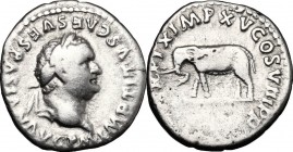 Titus (79-81). AR Denarius, 80 AD. D/ IMP TITVS CAES VESPASIAN AVG P M. Laureate head right. R/ TR P IX IMP XV COS VIII P P. Elephant, wearing armor, ...