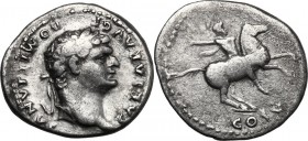Domitian as Caesar under Vespasian (69-79). AR Denarius, c. 77-78 AD. D/ CAESAR AVG F DOMITIANVS. Laureate head right. R/ COS V. Domitian on horseback...