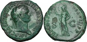 Domitian (81-96). AE Sestertius, 81 AD. D/ IMP CAES DIVI VESP F DOMITIAN AVG. Laureate head right. R/ TR P COS VII DES VIII P P SC. Minerva standing l...