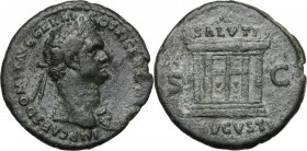 Domitian (81-96). AE As, 85 AD. D/ IMP CAES DOMIT AVG GERM COS XI CENS PER P P. Laureate bust right, wearing aegis. R/ SALVTI AVGVSTI SC. Altar. RIC 3...