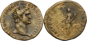 Domitian (81-96). AE Dupondius, 88-89 AD. D/ IMP CAES DOMIT AVG GERM COS XIIII CENS PERP. Radiate head right. R/ FORTVNAE AVGVSTI SC. Fortuna standing...